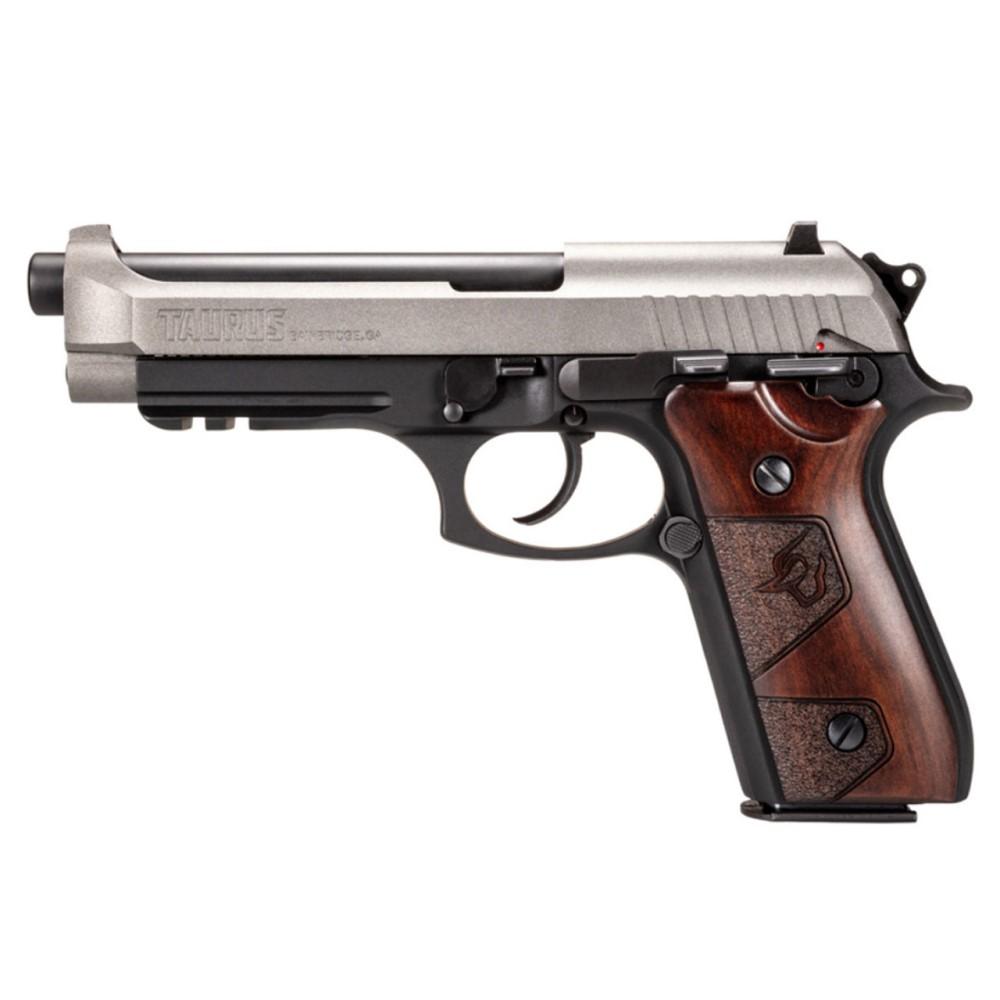 Taurus PT92 Handgun 9mm Luger 17rd Magazines (2) 5" Barrel Black Silver with Wood Grips Picture of Taurus International Inc. Taurus PT92 9mm 5'' 2x17 RDS BK/TUNGSTEN WOOD 2
