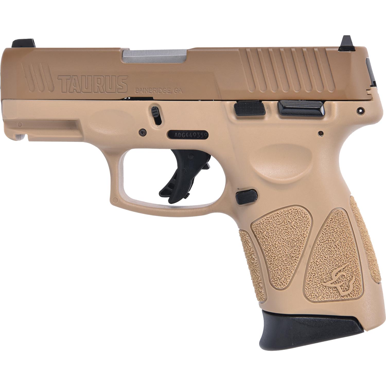 Taurus G3C Handgun 9mm Luger 12rd Magazines 3.2" Barrel FDE Slide/FDE Grip Picture of Taurus International Inc. G3C 9MM BK/BK 3.26 '' 3x12-1-FLAT DARK EARTH-FULL GUN