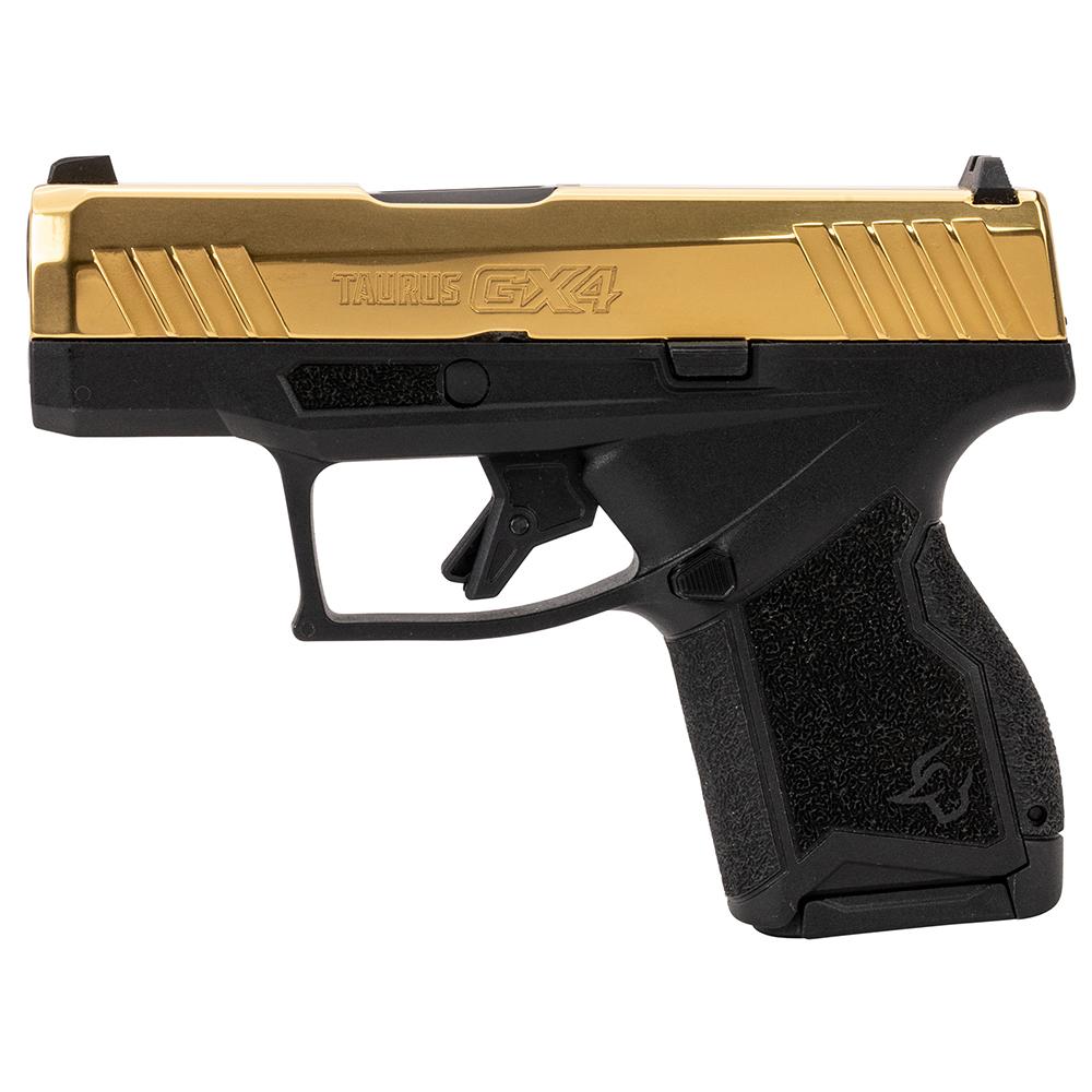 Taurus GX4 Handgun 9mm Luger 11rd (1) & 13rd (1) Magazines 3" Barrel Gold Slide and Black Picture of Taurus International Inc. TAURUS GX4 9MM BK/PVD GOLD 3.0'' 1x11 1x13