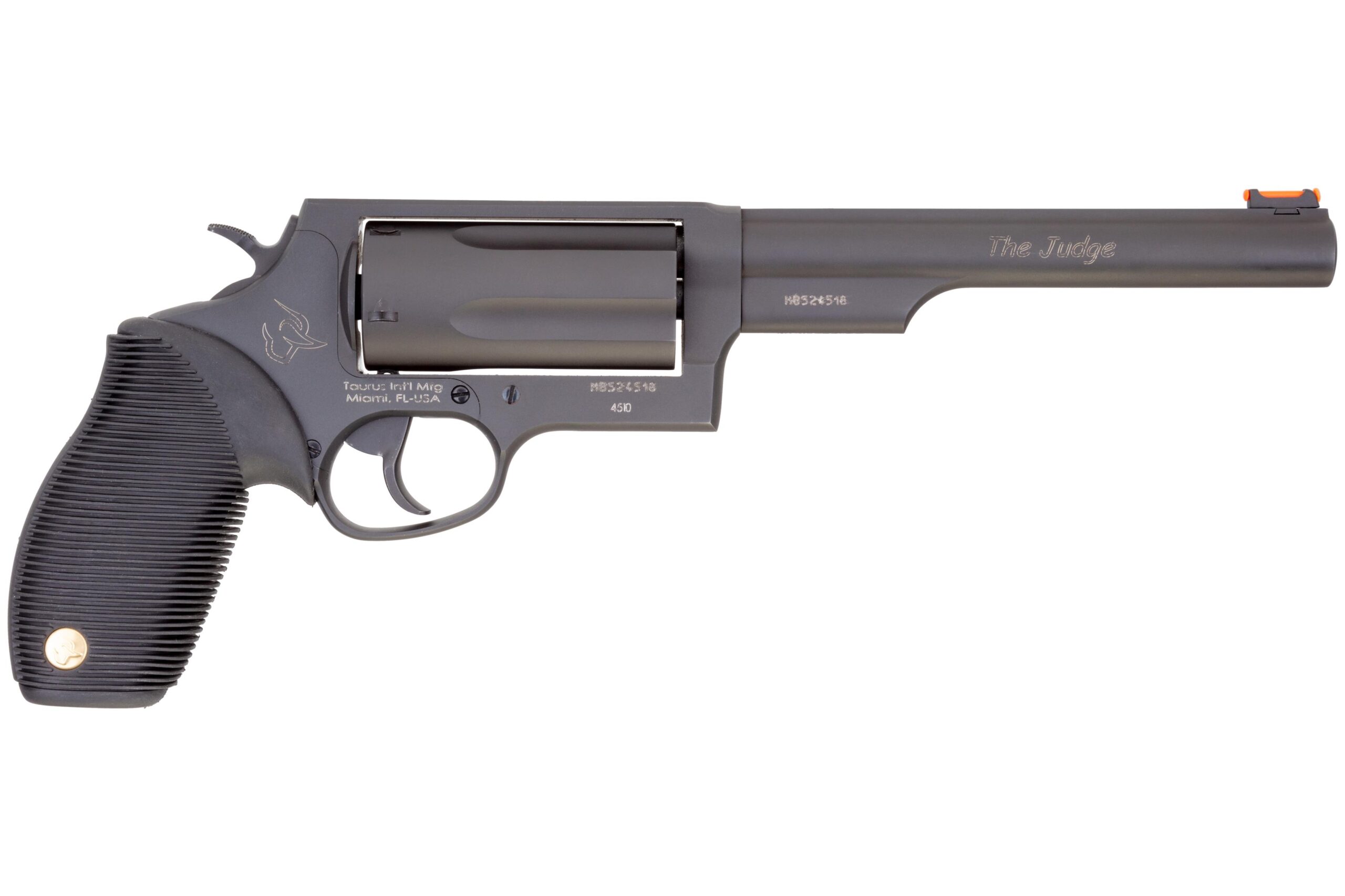 Taurus Judge Magnum Handgun .45 Colt/.410ga 3" Chamber 6.5" Barrel Matte Black Engraved Frame Picture of Taurus International Inc. JUDGE .45COLT/.410MAG BK 6-1/2'' 5-RDS