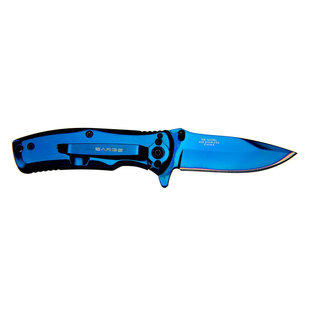 Sarge Knives Phase Folding Knife 2-1/2" Drop Point Blade Blue Tin Picture of Sarge Knives SARGE PHASE - BLUE TIN SWIFT ASSIST