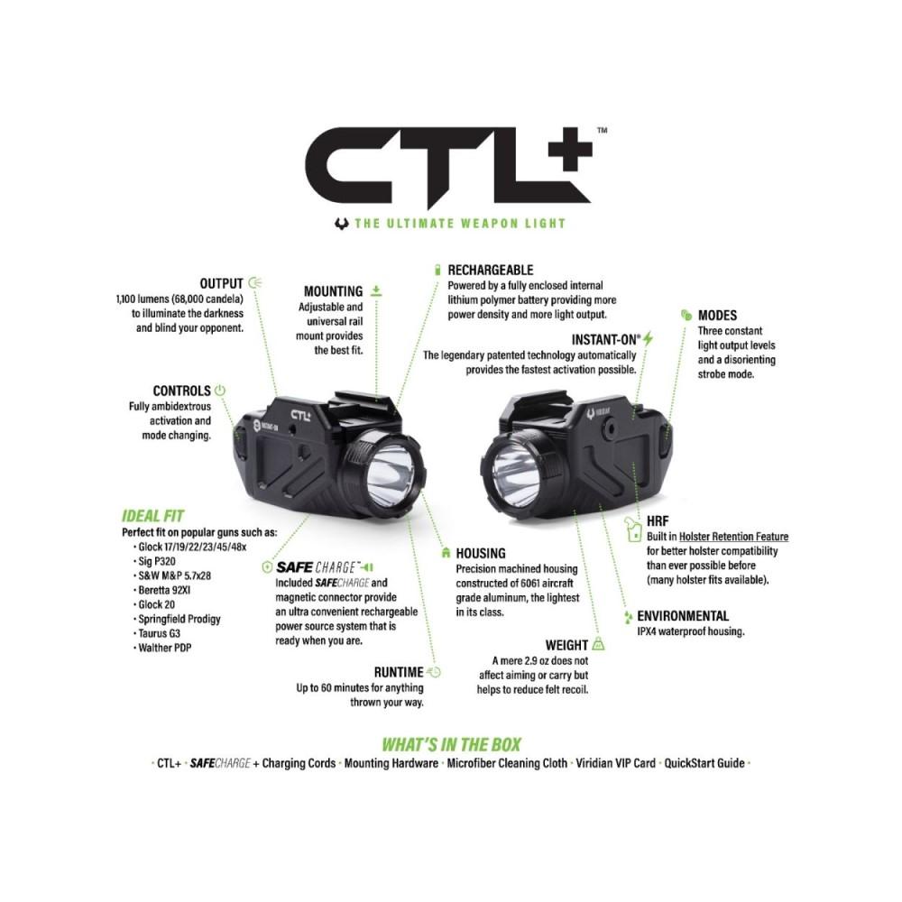 Viridian CTL+ Handgun Weapon Light 1100 Lumens with SAFECharge Picture of Viridian Green Laser Viridian CTL+ Universal Tactical Light (1000 lumens) w/RC battery INSTANT