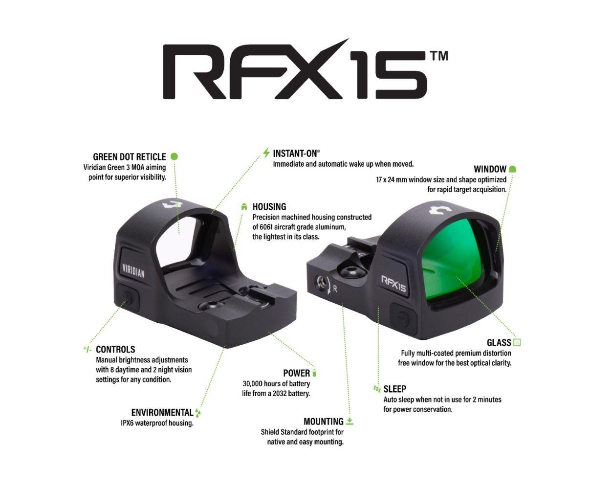 Viridian RFX15 1x17 Micro Green Dot Reflex Sight - SHIELD Mounting pattern INSTANT-ON Picture of Viridian Green Laser Viridian RFX15 1x17 Micro Green Dot SHIELD Mounting pattern- INSTANT-ON