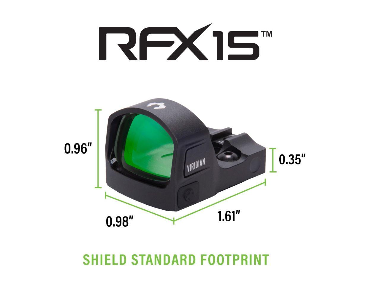 Viridian RFX15 1x17 Micro Green Dot Reflex Sight - SHIELD Mounting pattern INSTANT-ON Picture of Viridian Green Laser Viridian RFX15 1x17 Micro Green Dot SHIELD Mounting pattern- INSTANT-ON
