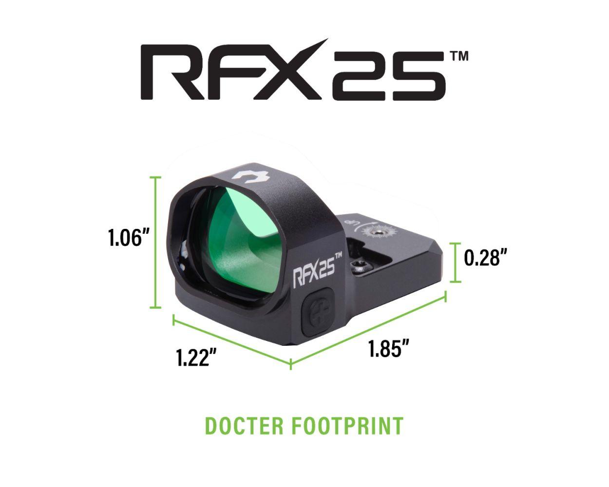 Viridian RFX25 1x20 Micro Green Dot Reflex Sight - DOCTER Mounting pattern INSTANT-ON Picture of Viridian Green Laser Viridian RFX25 1x20 Micro Green Dot DOCTER Mounting pattern INSTANT-ON