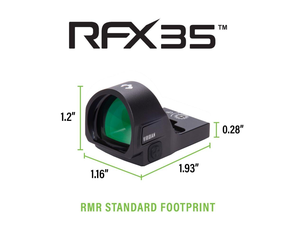 Viridian RFX35 1x22 Micro Green Dot Reflex Sight - RMR Mounting Pattern INSTANT-ON Picture of Viridian Green Laser Viridian RFX35 1x22 Micro Green Dot RMR Mounting pattern INSTANT-ON