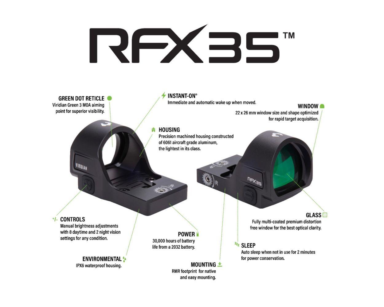 Viridian RFX35 1x22 Micro Green Dot Reflex Sight - RMR Mounting Pattern INSTANT-ON Picture of Viridian Green Laser Viridian RFX35 1x22 Micro Green Dot RMR Mounting pattern INSTANT-ON