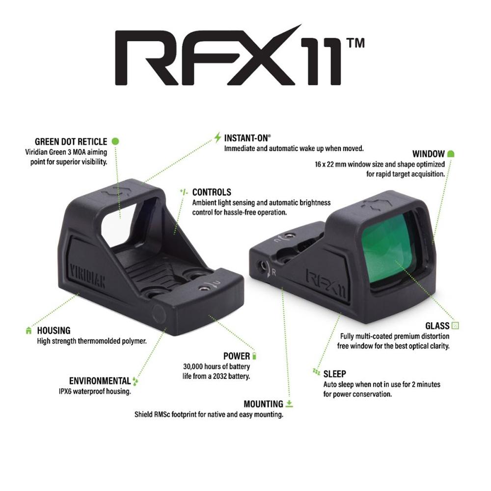 Viridian RFX11 Green Dot Reflex Sight 1x16 Shield RMSc Footprint FDE Picture of Viridian Green Laser Viridian RFX11 1x16 Micro Green Dot SHIELD Mounting Pattern Polymer FDE