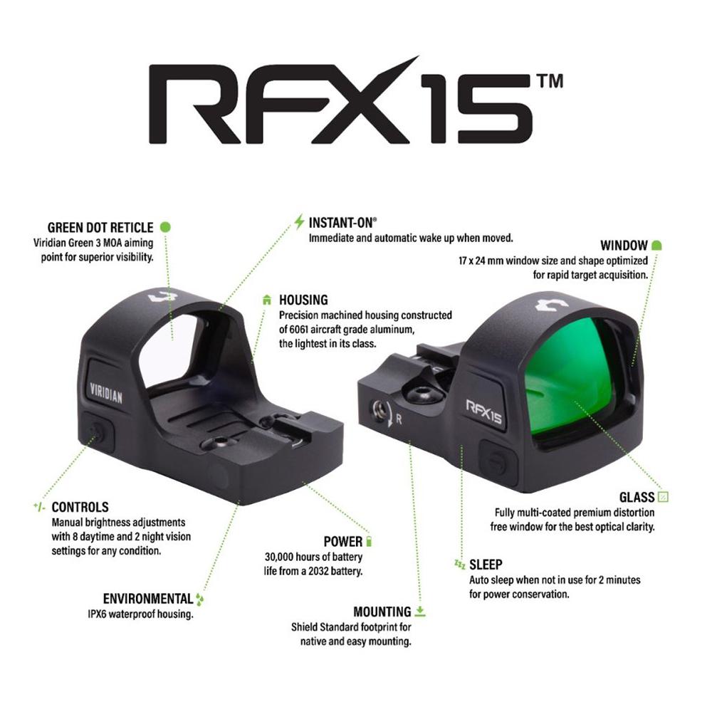 Viridian RFX15 Green Dot Reflex Sight Shield Footprint FDE Picture of Viridian Green Laser Viridian RFX15 1x17 Micro Green Dot SHIELD Mounting Pattern FDE