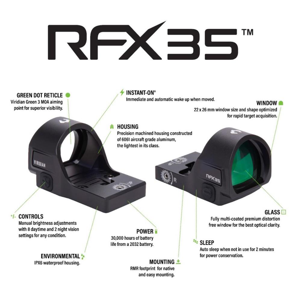 Viridian RFX35 Green Dot Reflex Sight RMR Footprint FDE Picture of Viridian Green Laser Viridian RFX35 1x22 Micro Green Dot RMR Mounting Pattern FDE