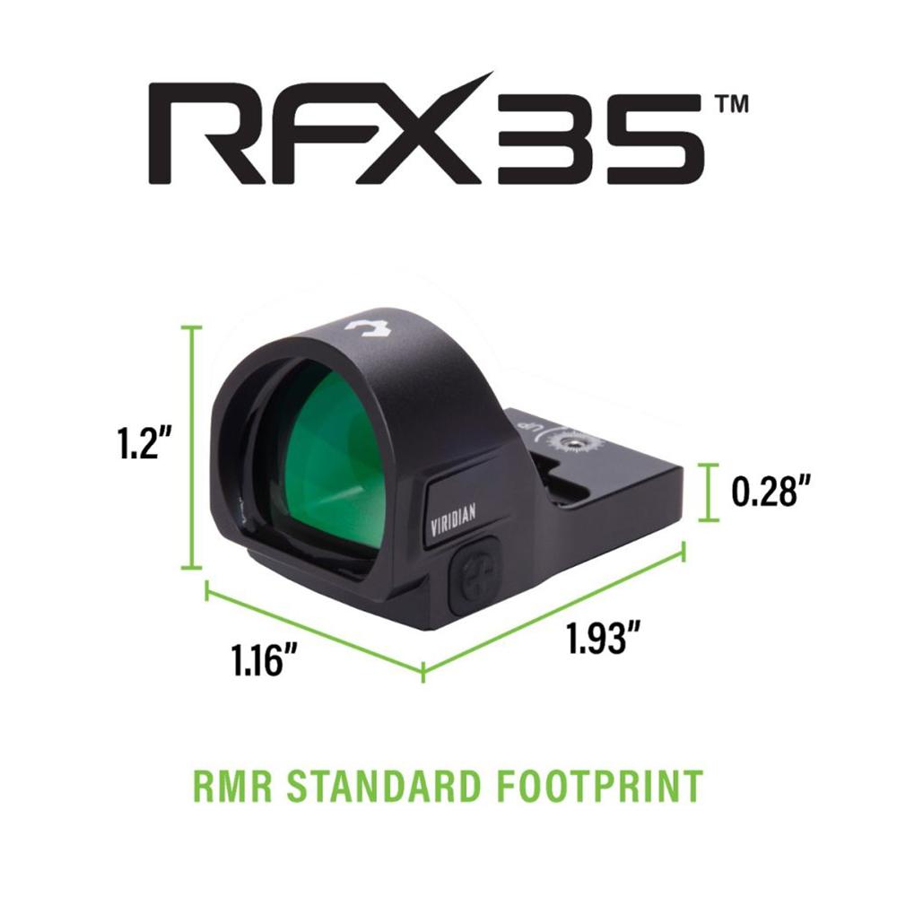 Viridian RFX35 Green Dot Reflex Sight RMR Footprint FDE Picture of Viridian Green Laser Viridian RFX35 1x22 Micro Green Dot RMR Mounting Pattern FDE