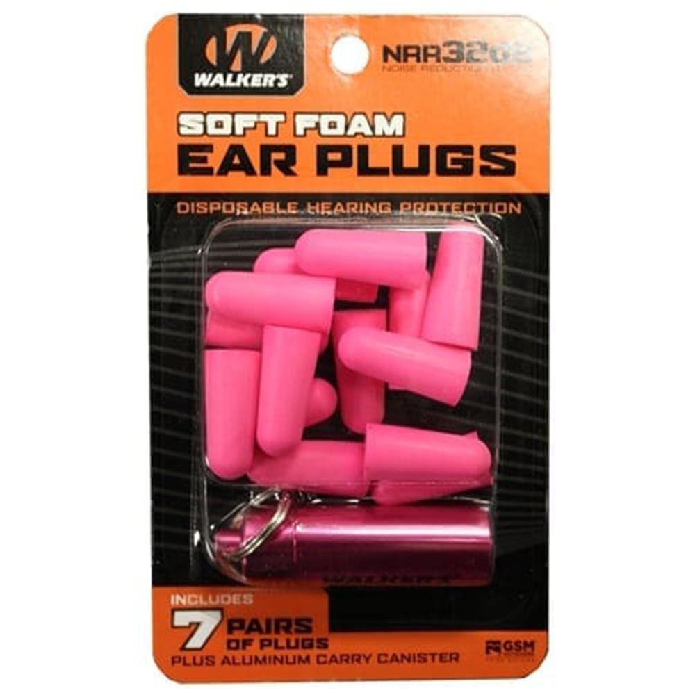 Walker's Foam Ear Plugs 32dB with Aluminum Carry Canister Pink 7 pairs