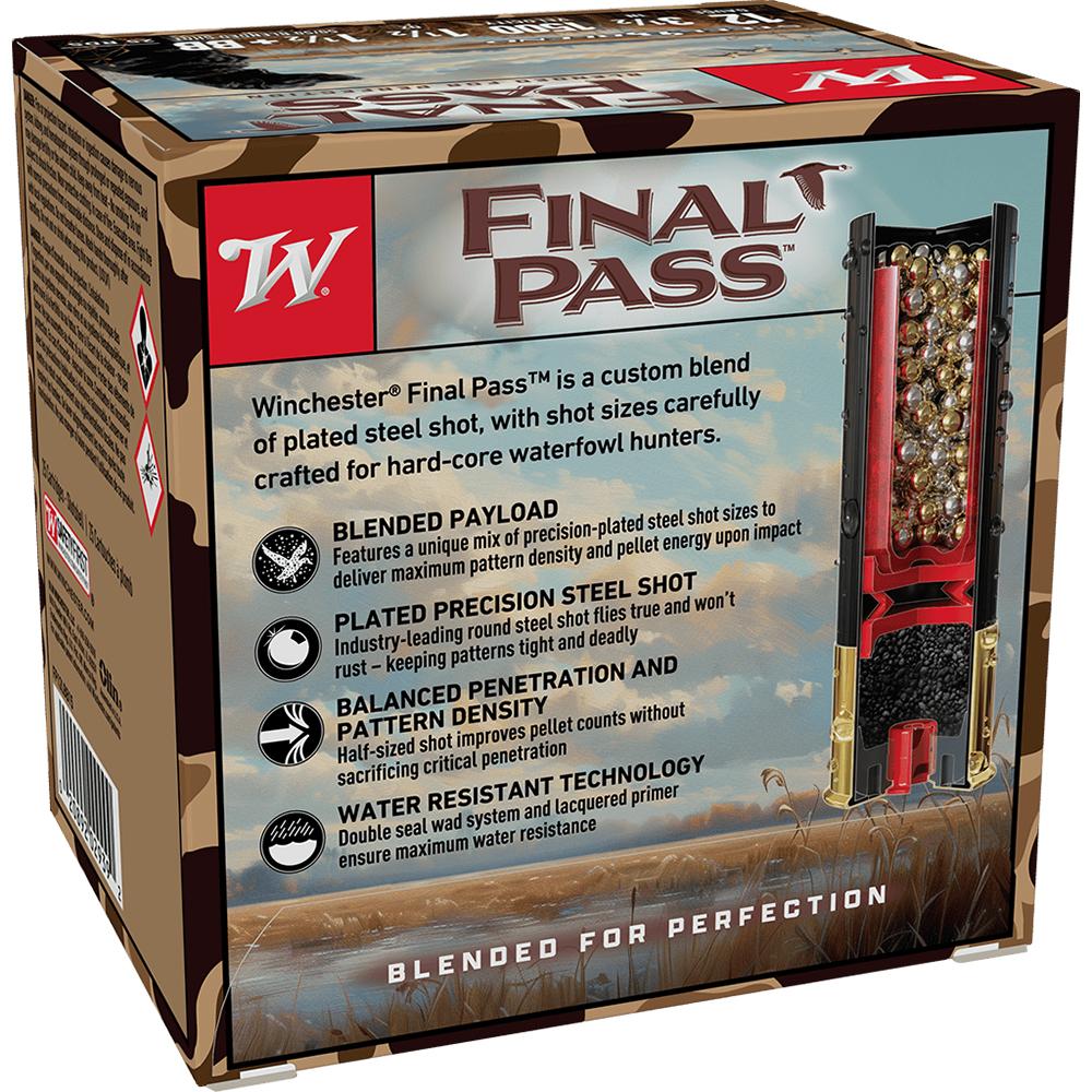 Winchester Final Pass Shotshells 12ga 3-1/2" 1-1/2oz 1500 fps #1.5 & #BB Shot 25/ct Picture of Winchester Ammunition FINAL PASS 12 GA 3 HS 1-1/2 BB & 1.5 BLEND 25 Rds