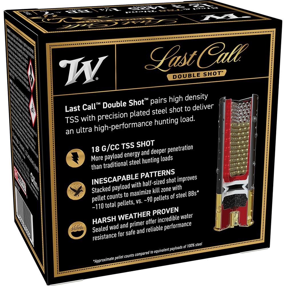 Winchester Last Call Double Shot Shotshells 12 ga 3" 1-1/4 oz 1425 fps BB & #7 25/rd Picture of Winchester Ammunition LAST CALL DOUBLE SHOT 12 GA 3 HS 1-1/4 BB&7TSS LSTCLDS 25 Rds