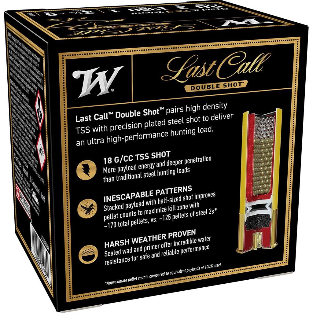 Winchester Last Call TSS Shotshells 20ga 3" 1oz 1350 fps #2.5 & #9 25/ct Picture of Winchester Ammunition LAST CALL DOUBLE SHOT 20 GA 3 HS 1 2.5&9TSS LSTCLDS 25 Rds