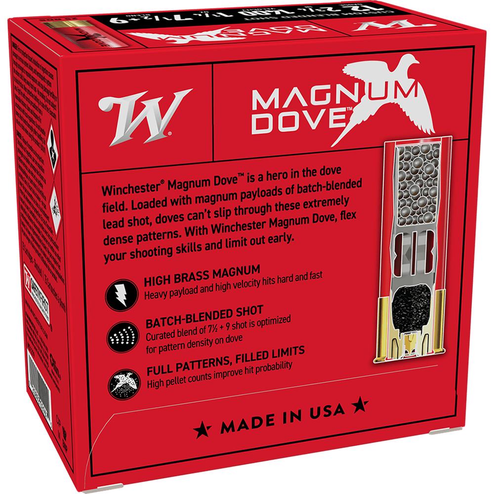 Winchester Magnum Dove Shotshells 12 ga 2-3/4" 1-1/4 oz 1400 fps #7.5 & #9 25/rds Picture of Winchester Ammunition 12 GA 2-3/4" #7-1/2 & 9 SHOT BLEND MAGNUM DOVE 1-1/4 OZ 1400FPS 25 Rds