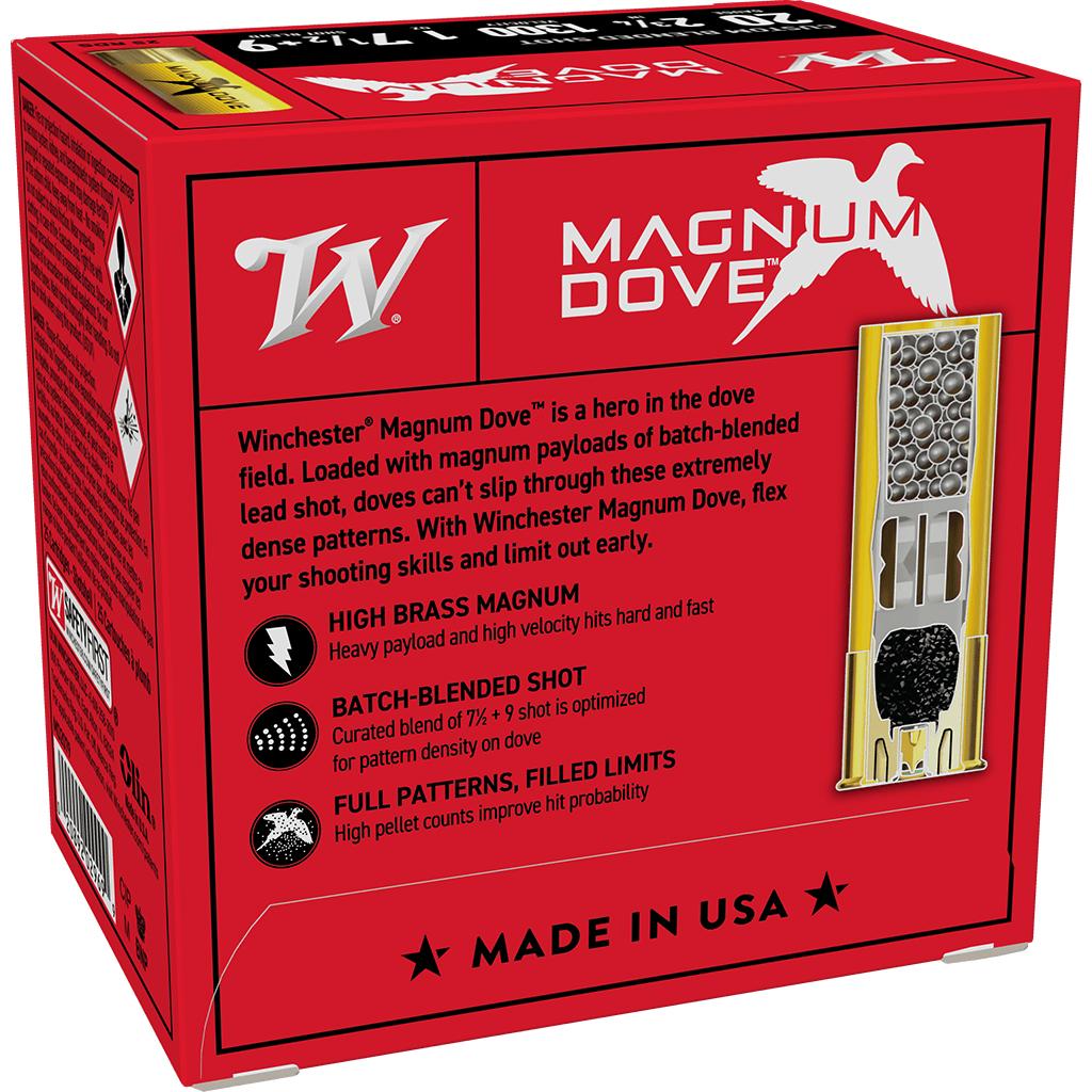 Winchester Magnum Dove Shotshell 20ga 2-3/4" 1oz 1300 fps #7&9 25/ct Picture of Winchester Ammunition 20 GA 2-3/4" #7-1/2 & 9 SHOT BLEND MAGNUM DOVE 1 OZ 1300FPS 25 Rds