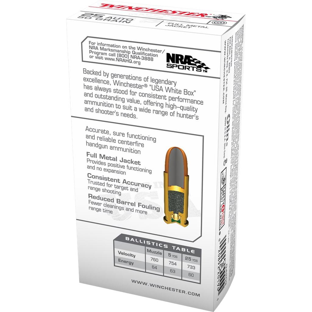 Winchester USA Handgun Ammunition .25 ACP 50 gr FMJ  50/ct Picture of Winchester Ammunition WN GOV 25 AUTO 50GR FMJ 50/BX