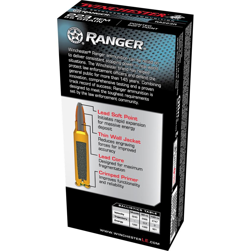 Winchester Ranger Rifle Ammunition 223 Rem 55gr PSP 3020 fps 20/ct Picture of Winchester Ammunition Win Ranger 223 Remington 55 Grain PSP 20 Rounds Ammo
