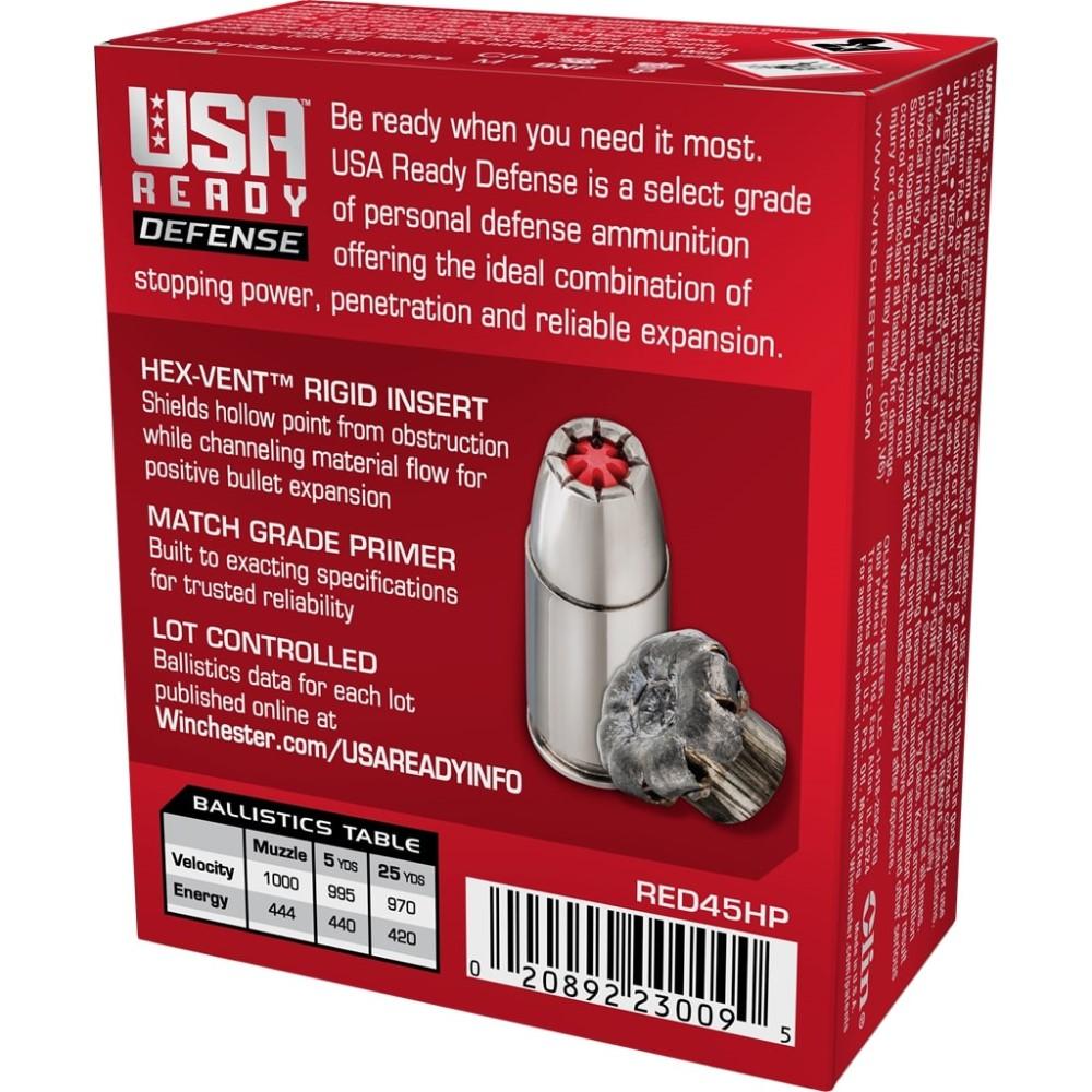 Winchester USA Ready Hex Vent Hollow Point Handgun Ammunition .45 ACP 200 gr PT 1000 fps 20/ct Picture of Winchester Ammunition USA Ready 45 AUTO HEX-VENT Hollow Point 200gr 20RD