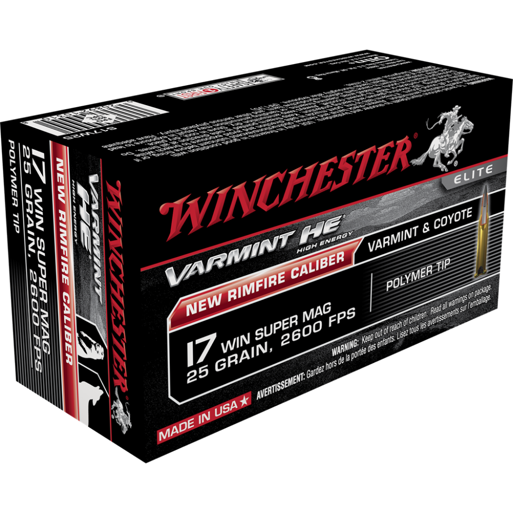 Winchester Varmint Rimfire Rifle Ammunition .17 WSM 25 gr. V-MAX 2600 fps 50/ct Picture of Winchester Ammunition 17 WIN.SUPER MAG.25GR VMAX HE 50