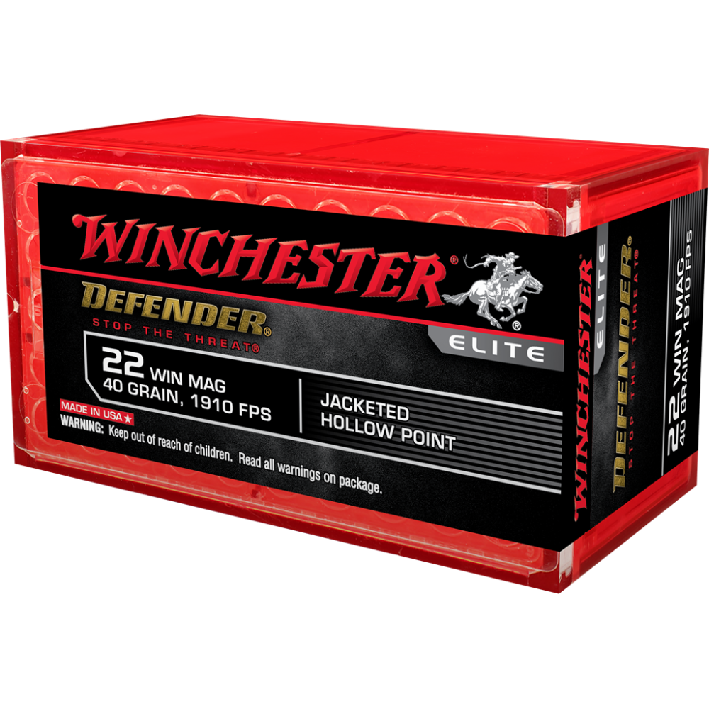Winchester PDX1 Defender Rimfire Ammo .22 Magnum 45 gr. JHP 1200 fps 50/ct Picture of Winchester Ammunition WIN 22WMR 40GR JHP PDX1 DEFENDER 50/RD