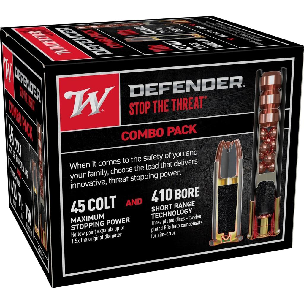 Winchester Defender Combo Pack Shotshells and Handgun Ammunition .410 ga/.45 Colt 225 gr. JHP 850 fps 20/ct Picture of Winchester Ammunition PDX1 DEFENDER COMBO 410/45 20/RD