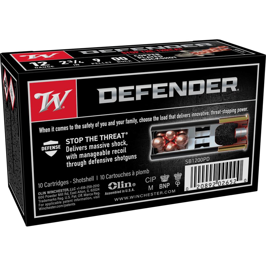 Winchester Copper Plated Defender Shotshells 12 ga 2-3/4" 9-Pellet 1145 fps #00 10/ct Picture of Winchester Ammunition Defender PERSONAL DEFENSE Copper Plated 12 ga 2 3/4" 00 Buck 9-Pellet 10 RD