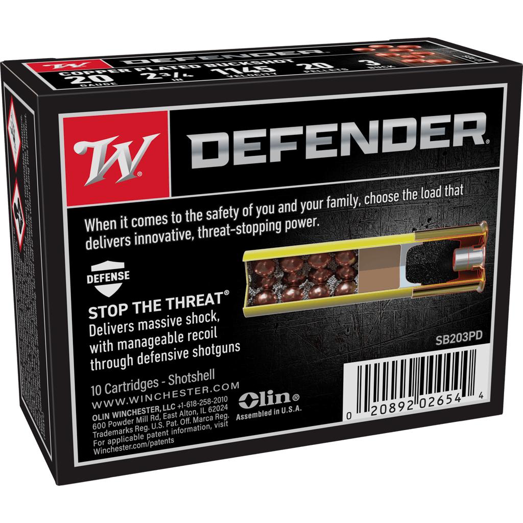 Winchester Copper Plated Defender Shotshell 20 ga 2-3/4" 20 pellet 1145 fps #3 10/ct Picture of Winchester Ammunition Defender PERSONAL DEFENSE Copper Plated 20ga 2 3/4" #3 Buck 20-pellet 10 RD