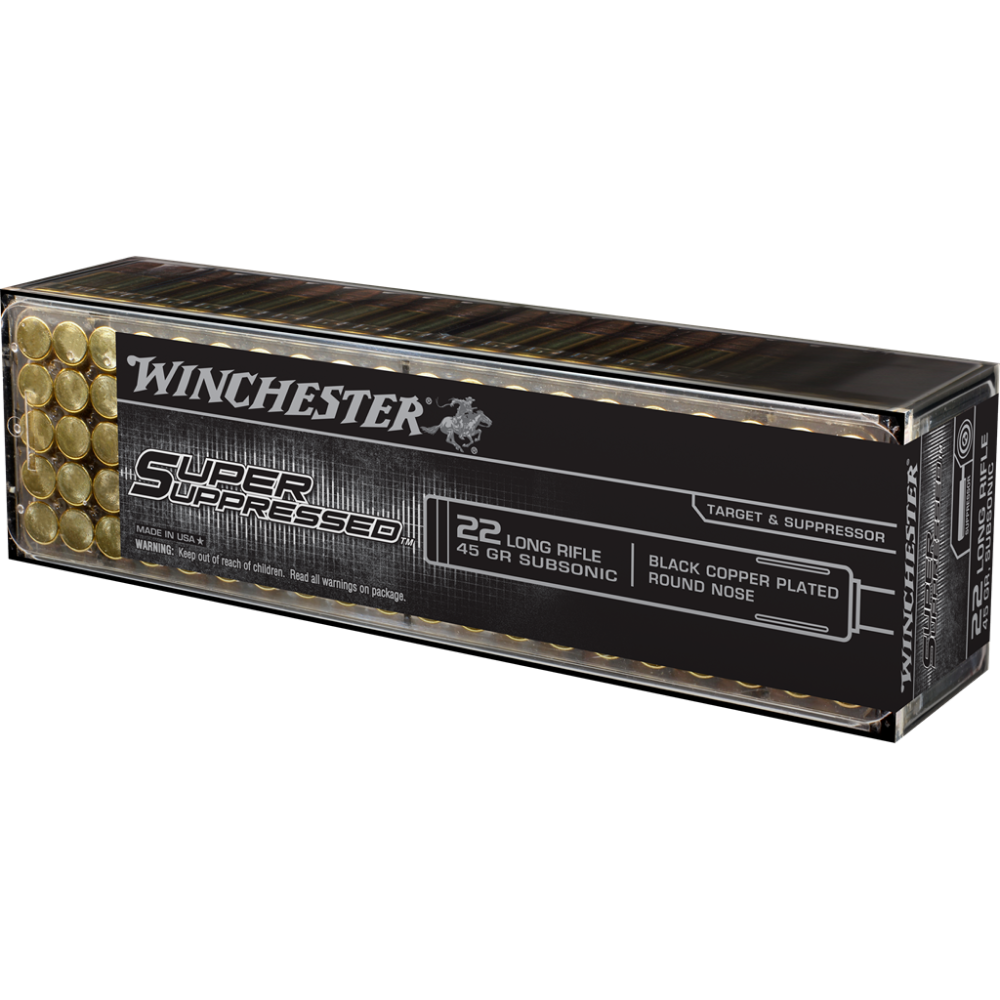 Winchester Super-X Subsonic Rimfire Ammunition .22 LR 45 gr. LRN 1090 fps 100/ct Picture of Winchester Ammunition 22LR 45 gr LRN Super Suppressed 100 Rounds Ammo