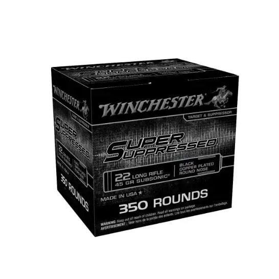 Winchester Super Suppressed Subsonic Rimfire Ammunition .22 LR 45gr CPRN 1090 fps 350/ct Picture of Winchester Ammunition 22LR SUPER SUPPRESSED 45GR SUBSONIC BLACK COPPER PLATED ROUND NOSE 350 Rds