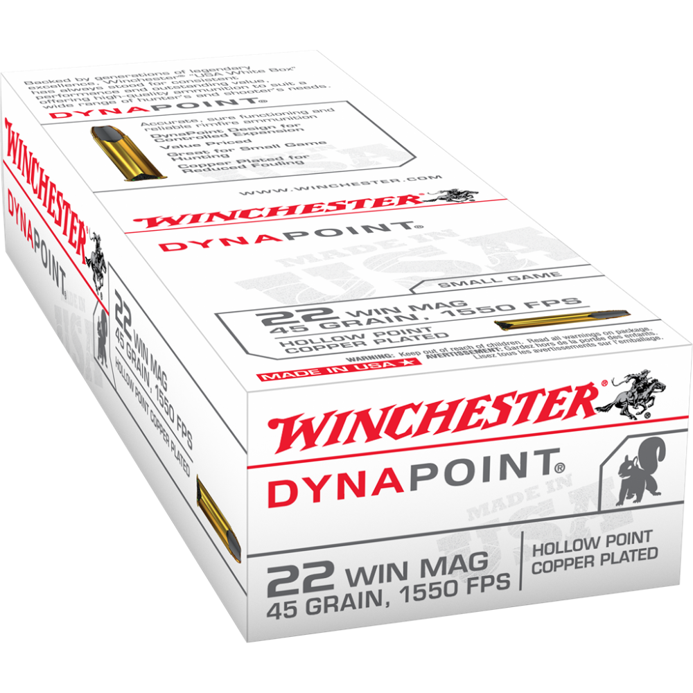 Winchester Dynapoint Rimfire Ammunition .22 WMR 45 gr. DP 1550 fps 50/ct Picture of Winchester Ammunition WIN 22WMR 45GR CPHP WIN MAG DYNAPOINT RIMFIRE 50/RD