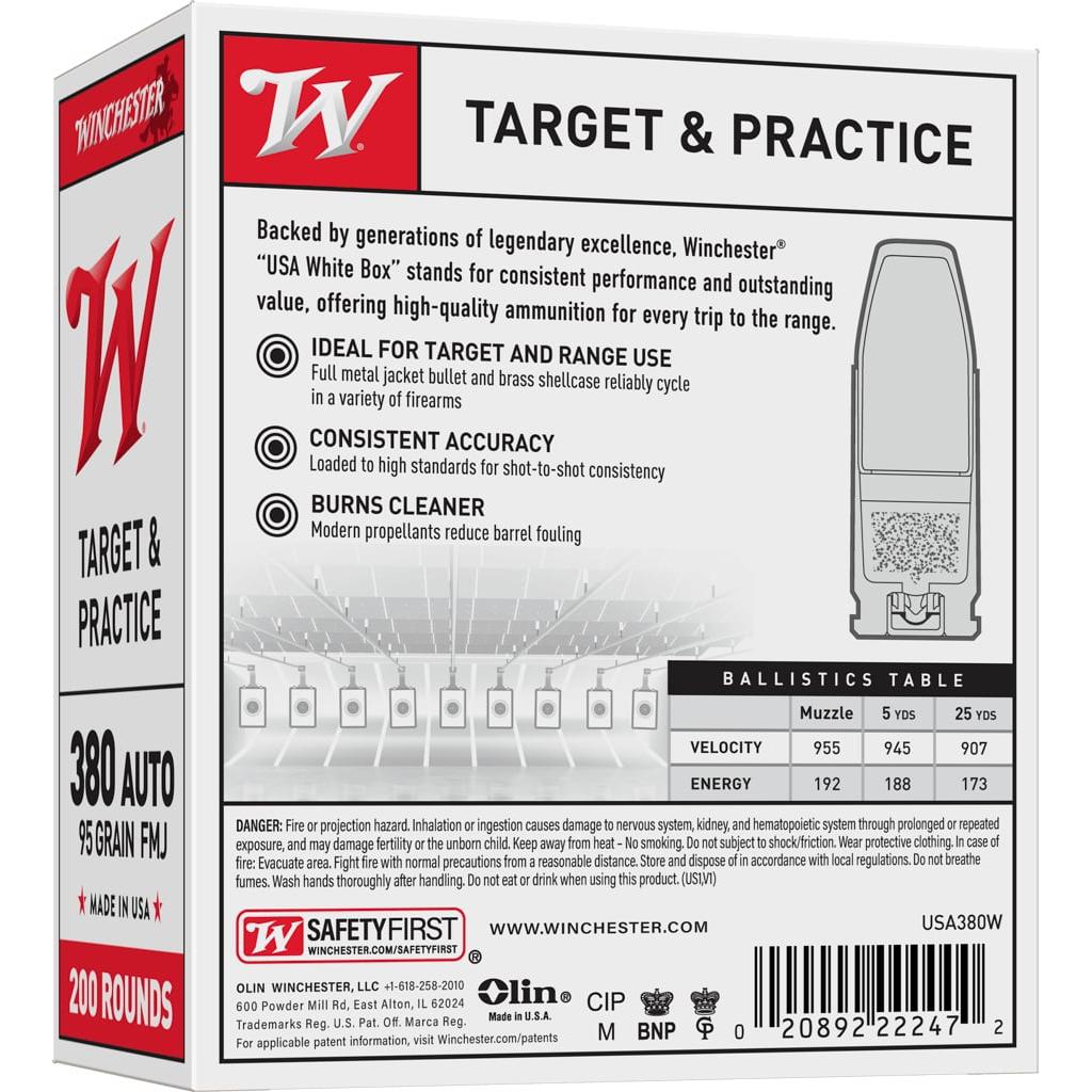 Winchester Government Handgun Ammunition .380 ACP 95 gr. FMJ 955 fps 200/ct Picture of Winchester Ammunition WN GOV 380 AUTO 95GR FMJ 200/BX