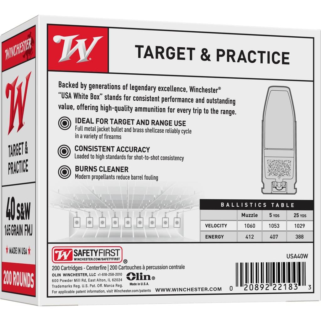 Winchester Target Handgun Ammunition .40 S&W 165 gr. FMJ 1060 fps 200/ct Picture of Winchester Ammunition USA .40 S&W 165gr FMJ BULK 200rds
