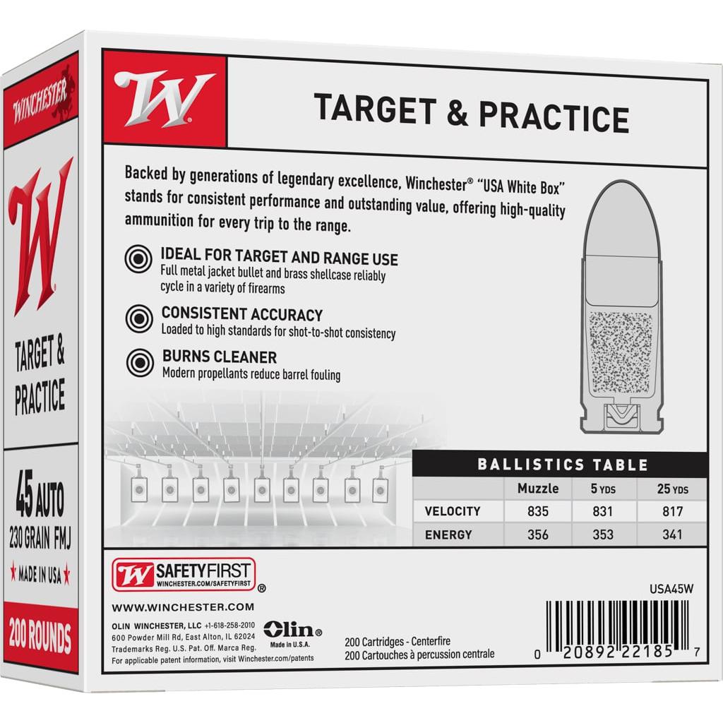 Winchester USA Handgun Ammunition .45 ACP 230 gr. FMJ 835 fps 200/ct Picture of Winchester Ammunition USA 45 ACP 230gr FMJ BULK 200rds