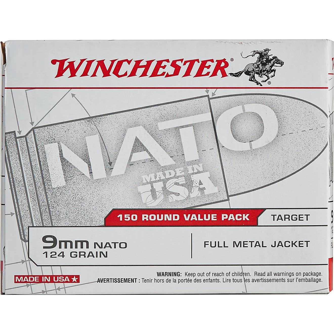 Winchester NATO Handgun Ammunition 9mm Luger 124 gr. FMJ 1140 fps 150/ct Picture of Winchester Ammunition 9mm NATO 124gr FMJ 150 round box