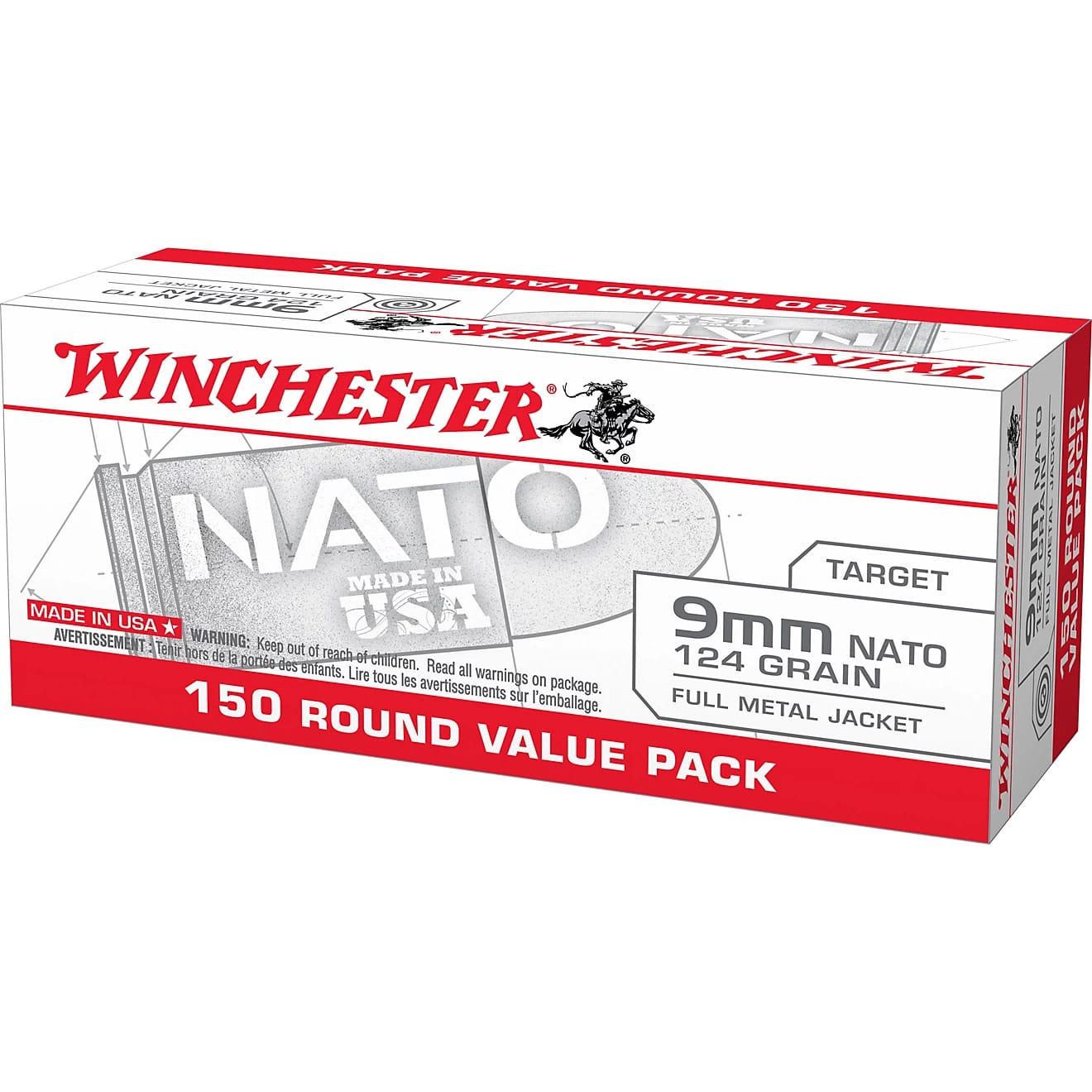 Winchester NATO Handgun Ammunition 9mm Luger 124 gr. FMJ 1140 fps 150/ct Picture of Winchester Ammunition 9mm NATO 124gr FMJ 150 round box