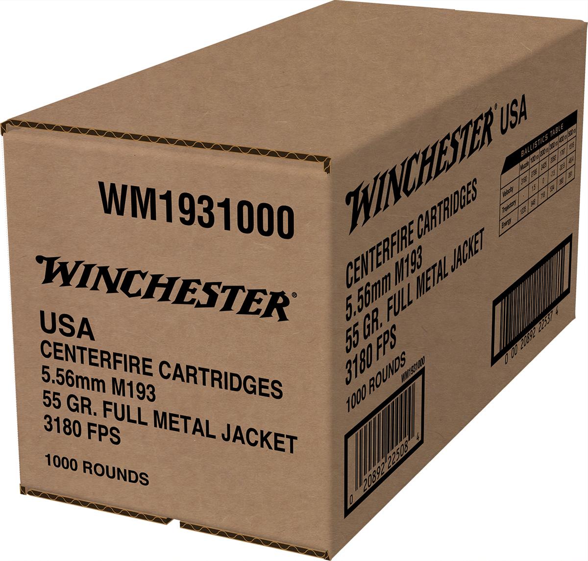 Winchester USA Lake City M193 Rifle Ammunition 5.56mm 55 gr. FMJ 3180 fps 1000/ct (Bulk) Picture of Winchester Ammunition Lake City 5.56mm M193 55gr FMJ 1000 RD Loose Pack