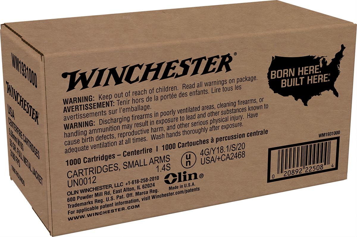 Winchester USA Lake City M193 Rifle Ammunition 5.56mm 55 gr. FMJ 3180 fps 1000/ct (Bulk) Picture of Winchester Ammunition Lake City 5.56mm M193 55gr FMJ 1000 RD Loose Pack