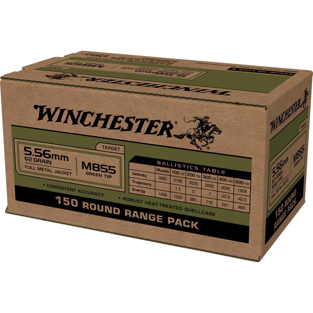 Winchester USA Lake City M855 Green Tip Rifle Ammunition 5.56mm 62 gr. FMJ 1255 fps 600/ct (Case of 4-150 Boxes) Picture of Winchester Ammunition Lake City 5.56mm M855 Green Tip 62gr FMJ (4-150 RD boxes) 600 RD Case