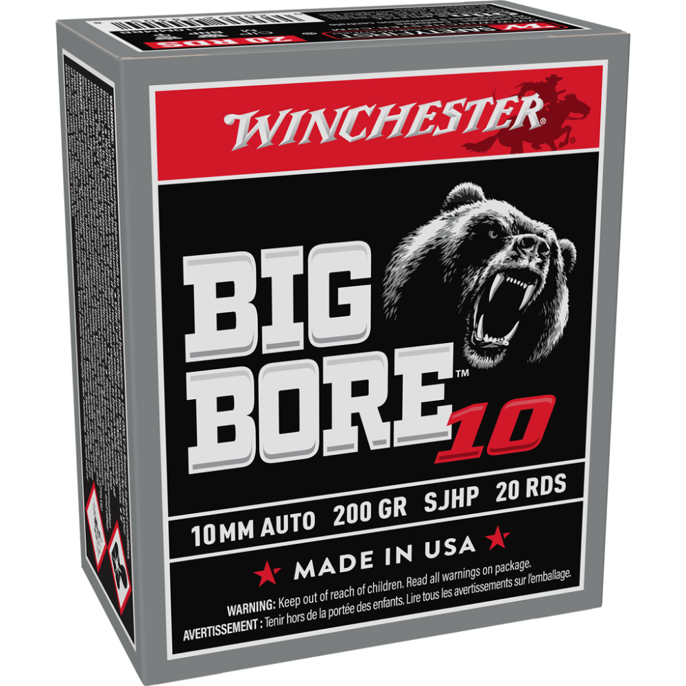 Winchester Big Bore Handgun Ammunition 10mm Auto 200 gr. SJHP 1175 fps 20/ct Picture of Winchester Ammunition WIN 10 MM AUTO 200 JSHP BIGBORE 20/RD