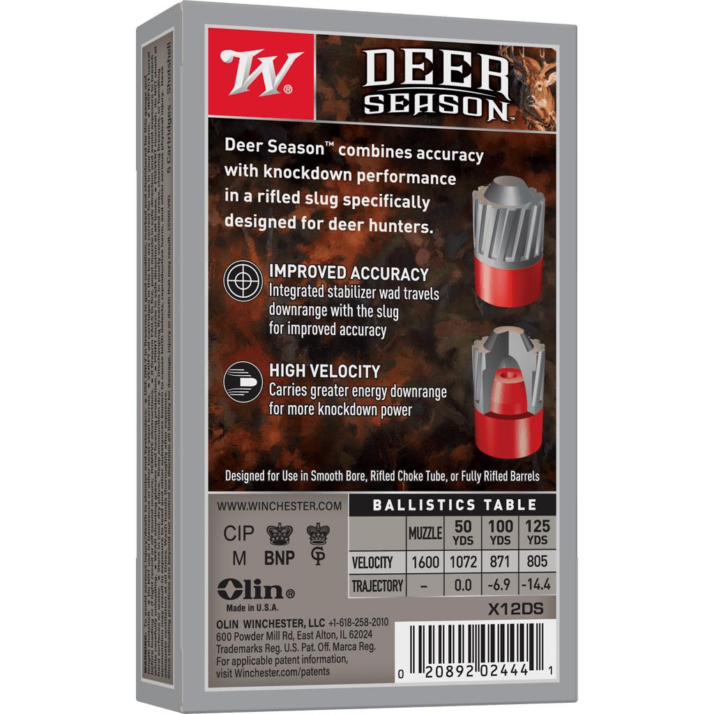 Winchester Deer Season Shotshells 12 ga 2-3/4" 1-1/4 oz 1600 fps Slug 5/ct Picture of Winchester Ammunition Deer Season 12 ga 2-3/4" HB 1 Rifle Slug Deer 5 Rounds Ammo
