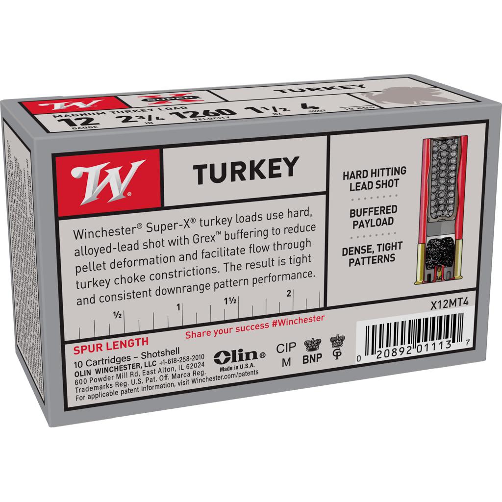 Winchester Super-X Turkey Shotshells 12 ga 2-3/4" 1-1/2 oz 1260 fps #4 10/ct Picture of Winchester Ammunition TURKEY 12GA 2 3/4 1 1/2OZ#4 10/R