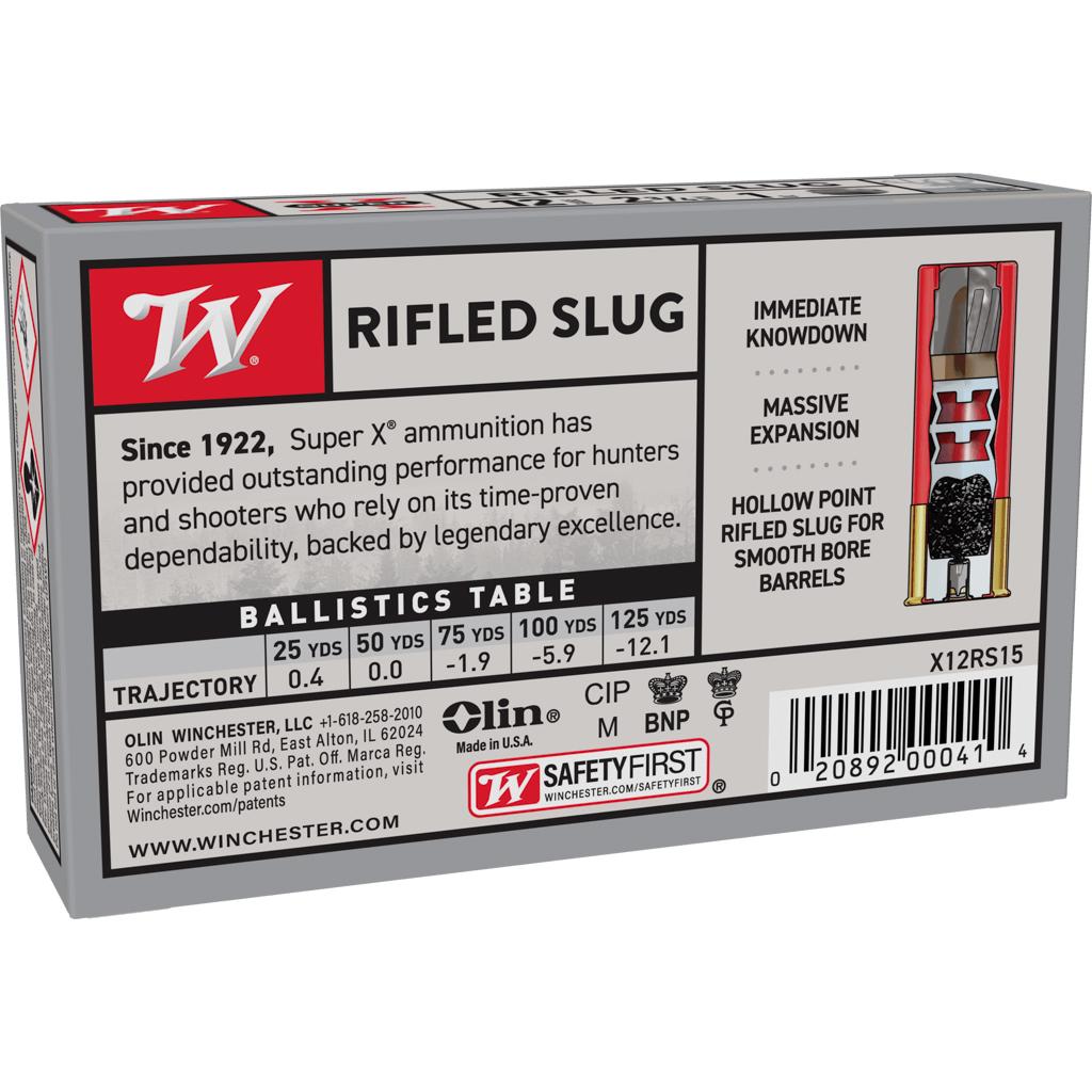 Winchester Super-X Slug Shotshells 12 ga 2-3/4" 1 oz 1600 fps Slug 5/ct Picture of Winchester Ammunition WIN. S/X RIFLE SLUG 12GA. 2 3/4" 1 OZ 1600 FPS 5PK