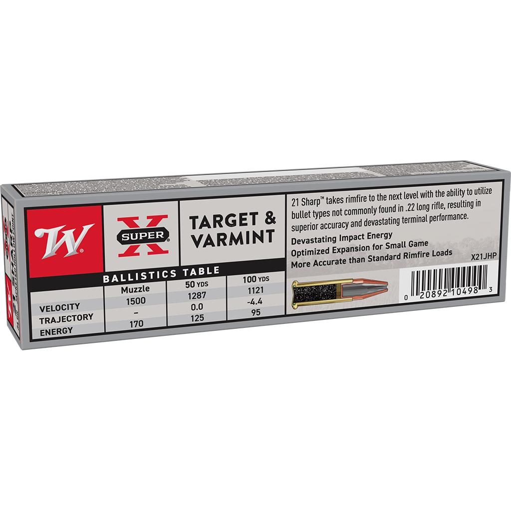 Winchester Game & Target Rimfire Ammunition 21 Sharp 34gr JHP 1500fps 100/ct Picture of Winchester Ammunition 21 SHARP 34gr JHP 100/RD