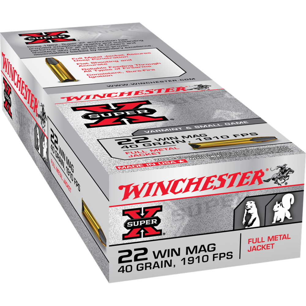 Winchester Super-X Magnum Rimfire Ammunition .22 WMR 40 gr. FMJ 1910 fps 50/ct Picture of Winchester Ammunition WIN 22WMR 40GR FMJ WIN MAG 50/PK