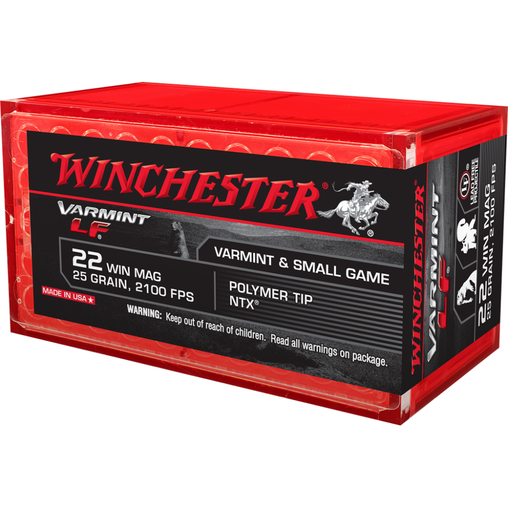 Winchester Varmint Lead Free Rimfire Ammunition .22 WMR 25 gr. PT 2100 fps 50/ct Picture of Winchester Ammunition WIN 22WMR 25GR Polymer Tip NTX LEAD FREE WIN MAG 50RD