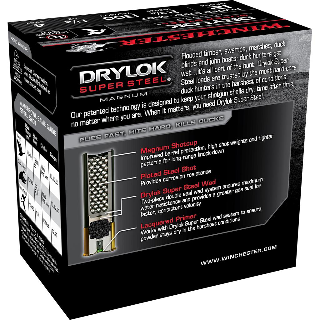 Winchester Super-X Drylok Super Steel Shotshells 12ga 2-3/4" 1-1/4oz 1300 fps #4 25/ct Picture of Winchester Ammunition WIN 12ga 2-3/4" DRYLOK STEEL MAGNUM 1-1/4oz #4 25/RD
