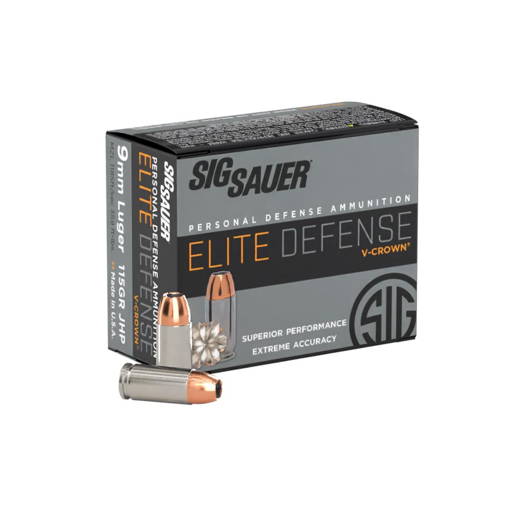 Sig Elite V-Crown Handgun Ammunition 9mm Luger 115 gr JHP 1185 fps 20/ct Picture of Sig Sauer AMMO ELITE V 9mm 115GR JHP 20RD BX