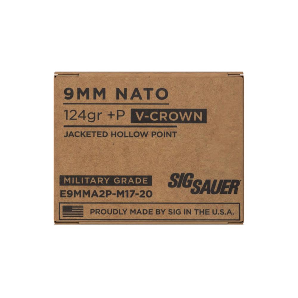 Sig Sauer ELite V-Crown M17 Handgun Ammunition  9mm Luger JHP 1198 fps 20/ct Picture of Sig Sauer AMMO 9MM +P 124GR ELITE V-CROWN M17 JHP BOX/20